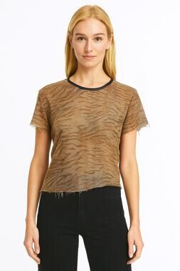 IRO Lamb skin animal print crew neck raw hem & sleeves T-shirt tan brown medium